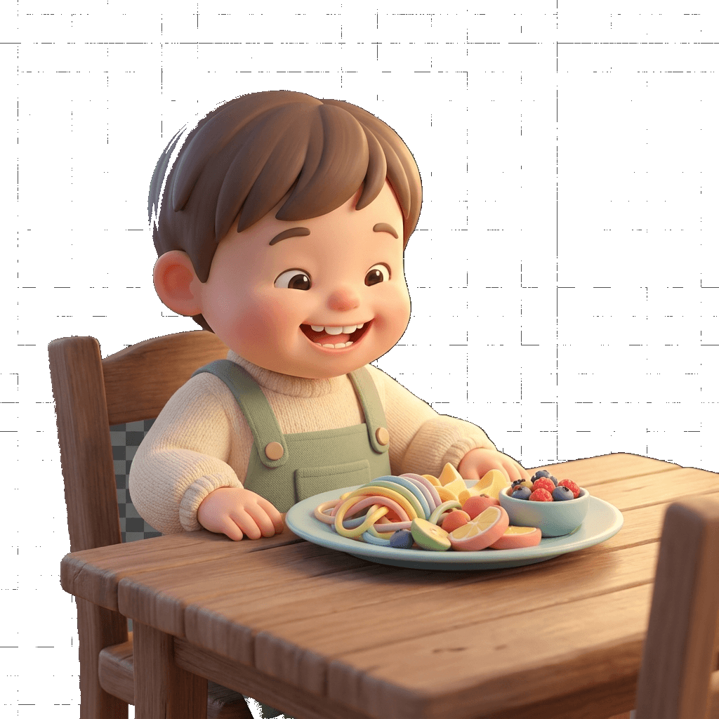 Criança feliz à mesa — ilustração 3D